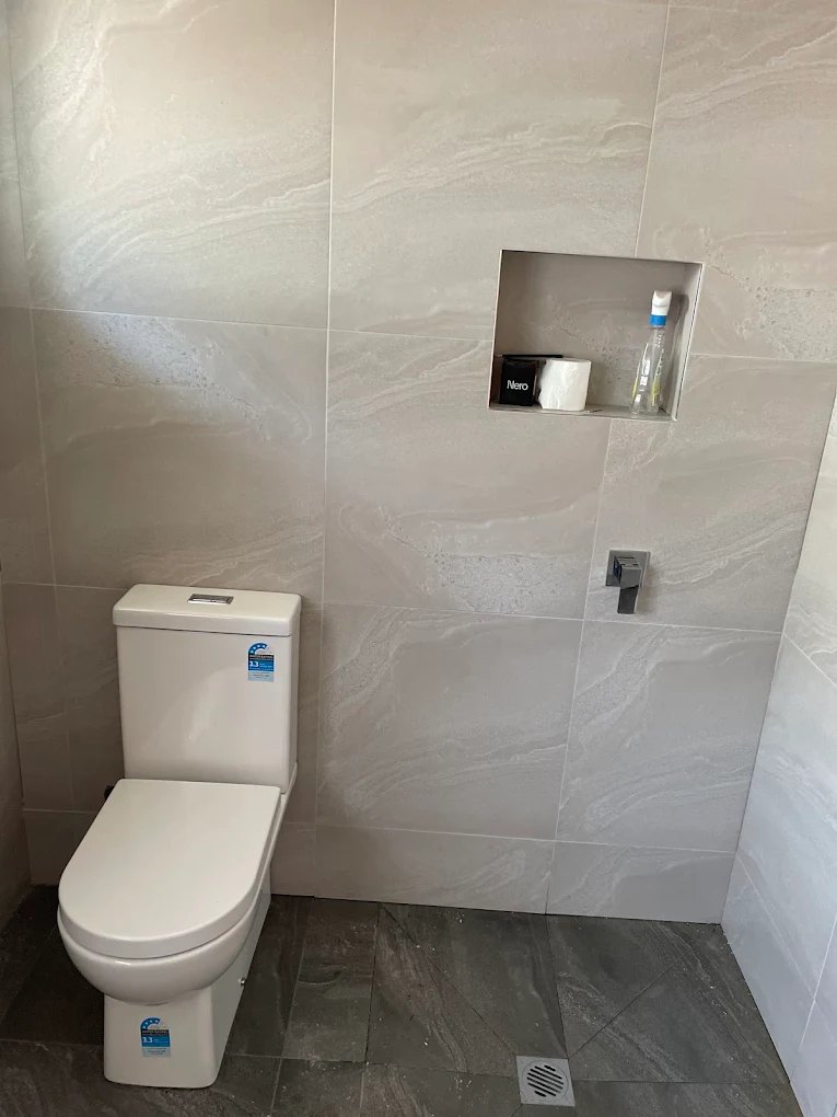 New toilet, wall mixer and tiled shower niche finished off neat